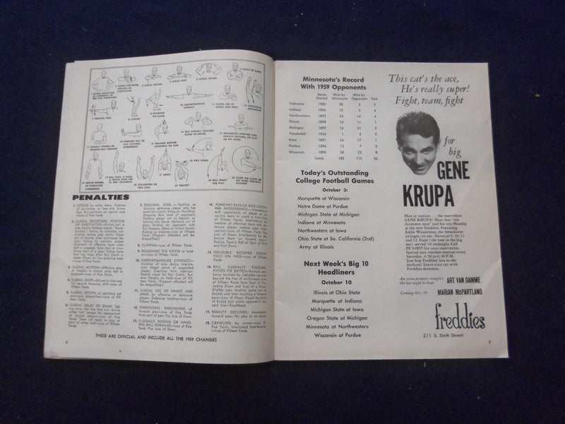 1959 OCTOBER 3 FOOTBALL PROGRAM - INDIANA UNIV VS. UNIV OF MINNESOTA - SP 5454S
