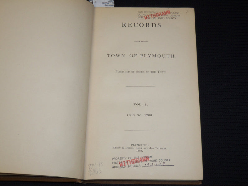1889-1892 TOWN OF PLYMOUTH RECORDS VOLUME 1 & 2 - KD 703R