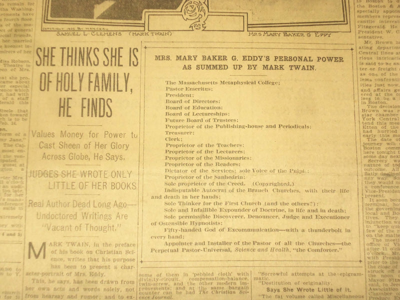 1907 FEBRUARY 3 THE BOSTON HERALD- MARK TWAIN PICTURES MRS. EDDY & DOLLAR- BH 29