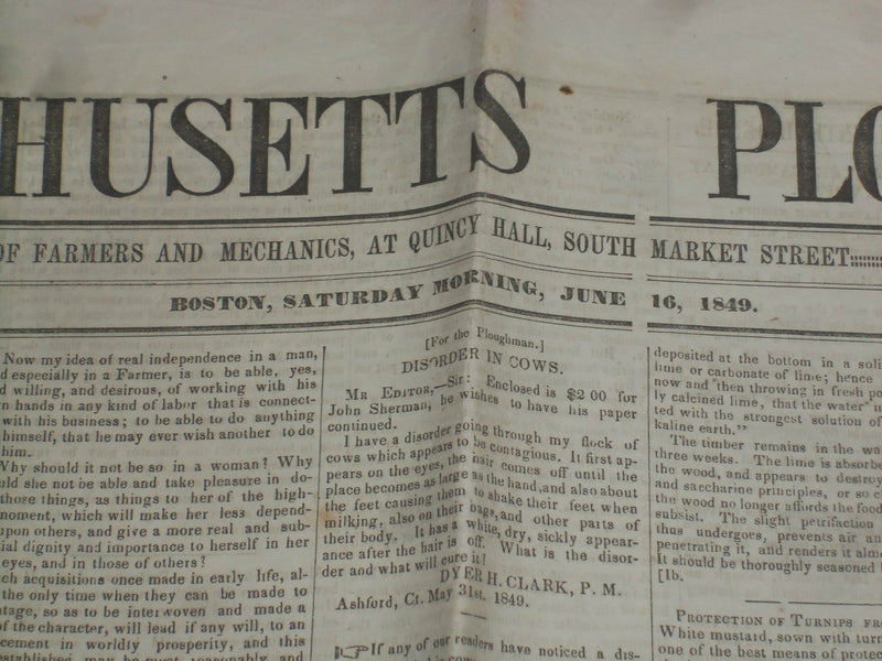 1849 JUNE 16 MASSACHUSETTS PLOUGHMAN NEWSPAPER - LOUIS KOSSUTH - NP 5170
