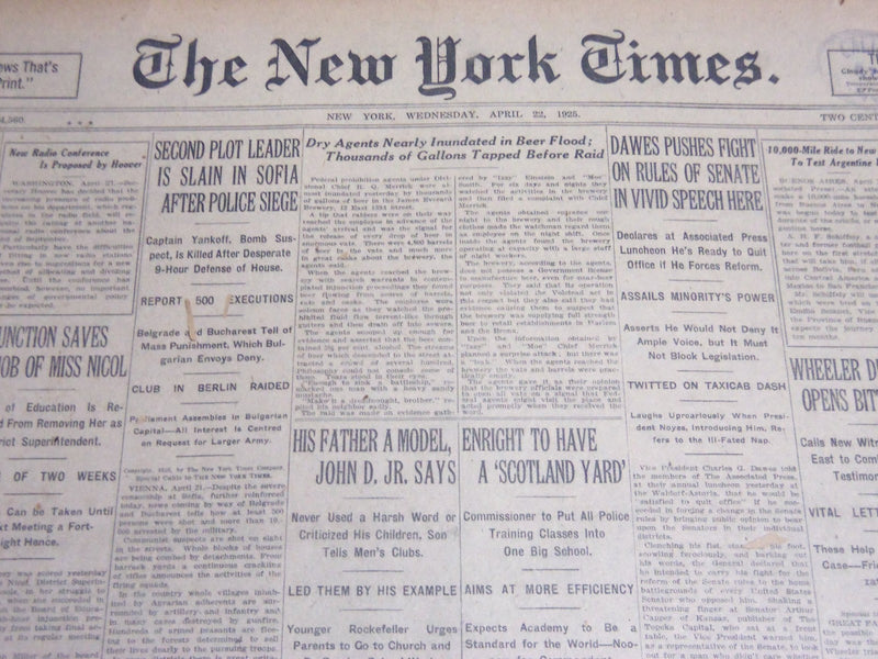 1925 APR 22 NEW YORK TIMES - DRY AGENTS NEARLY INUNDATED IN BEER FLOOD- NT 5404