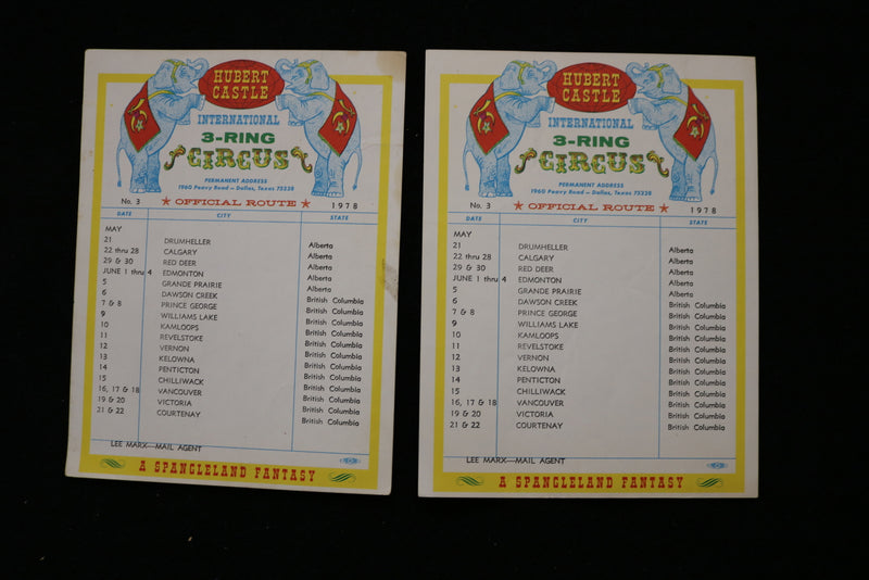 1978 HUBERT CASTLE CIRCUS OFFICIAL ROUTE CARDS - LOT OF 6 - K 1919