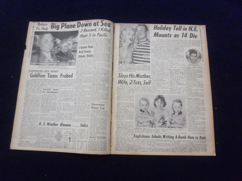 1958 JULY 5 BOSTON DAILY RECORD NEWSPAPER - HOLIDAY TOLL SOARS TO 14 - NP 6348