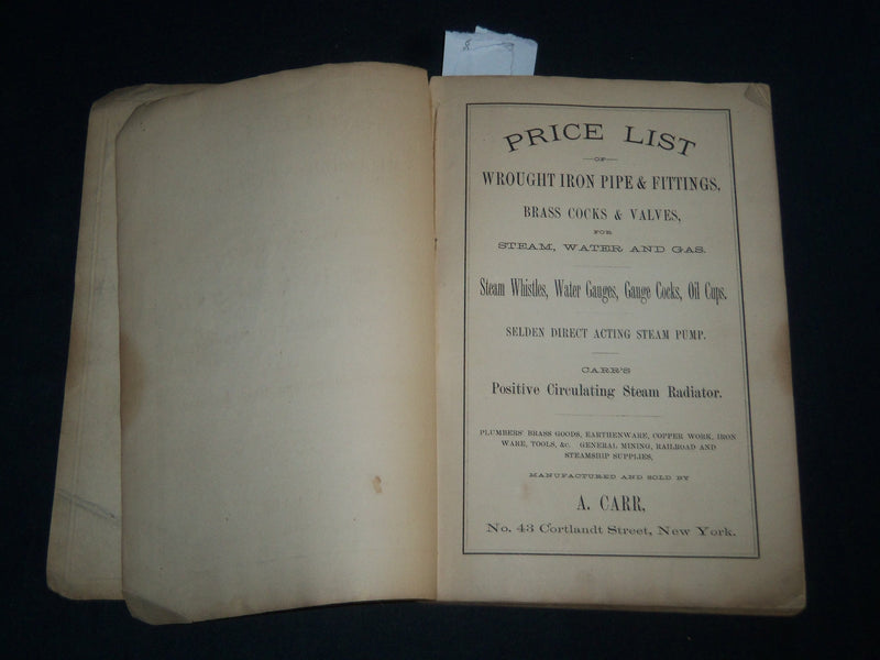 1874 A CARR WROUGHT IRON PIPE & FITTINGS PRICE LIST - NEW YORK - KD 5458