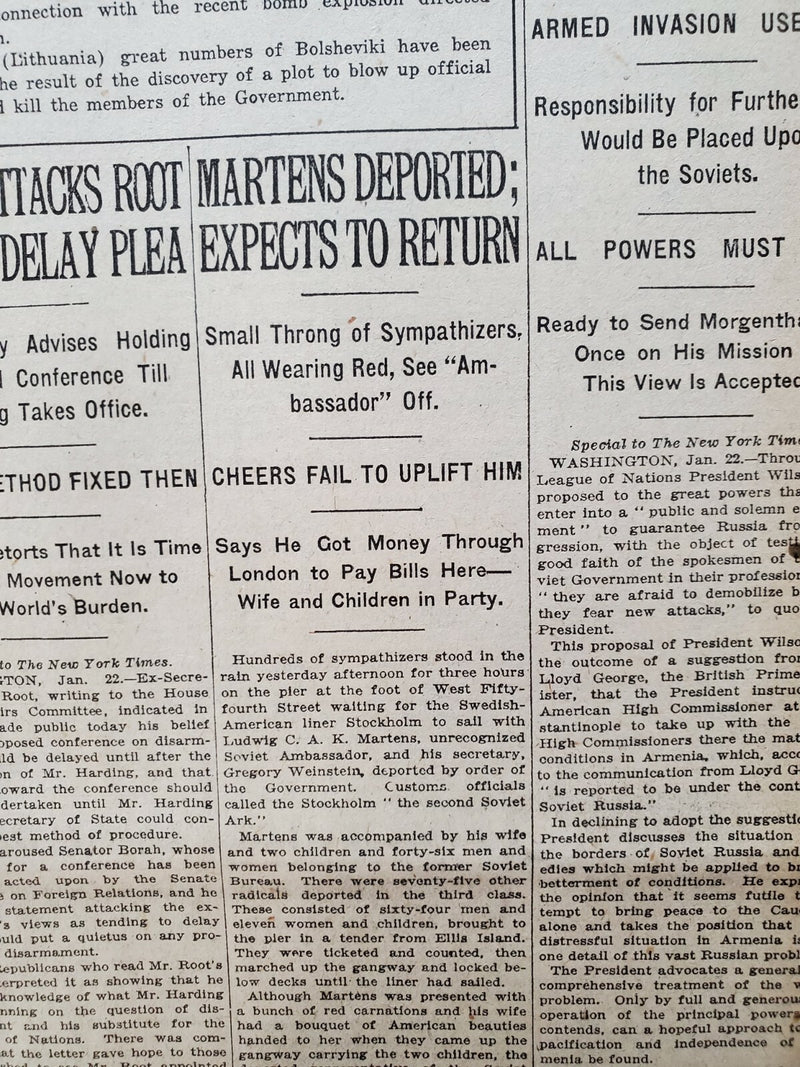 1921 JANUARY 23 NEW YORK TIMES - MARTENS DEPORTED; EXPECTS TO RETURN - NT 8104