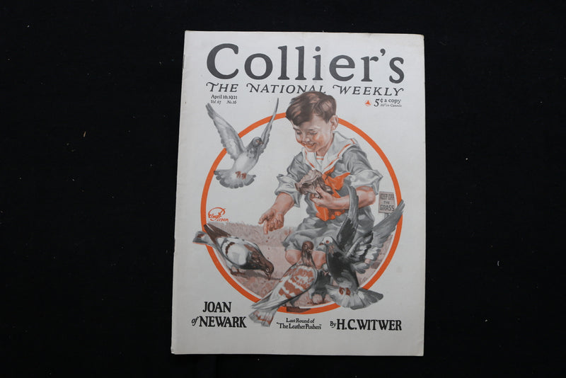 1921 APRIL 16 COLLIER'S MAGAZINE - A BOY FEEDING PIGEONS COVER - E 11019