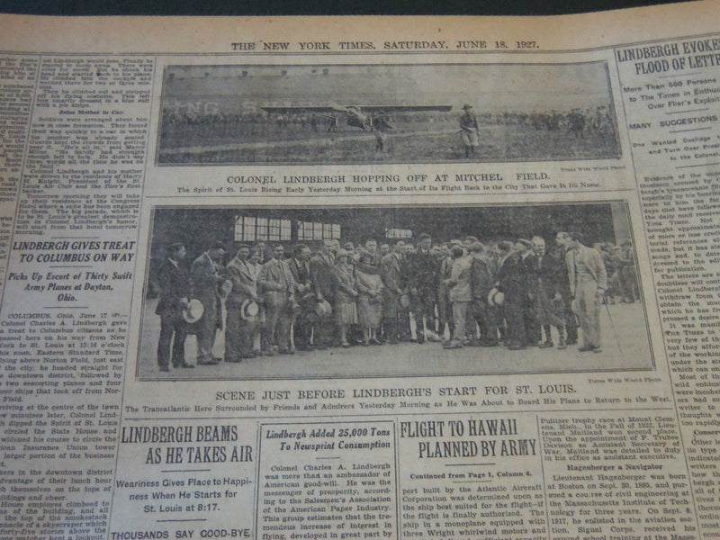 1927 JUNE 18 NEW YORK TIMES - LINDBERGH FLIES TO ST. LOUIS WELCOME - NT 6282