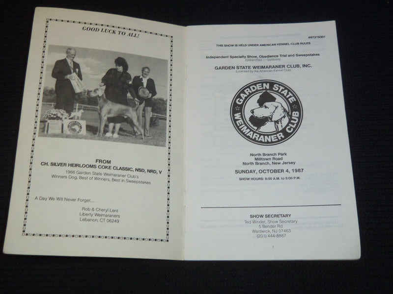 1987-2000 GARDEN STATE WEIMARANER CLUB CATALOGS LOT OF 3 ISSUES - J 9269