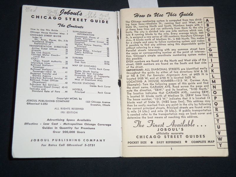 1951 JOBOUL'S CHICAGO STREET GUIDE - MAP - HANDY POCKET SIZE - J 8521