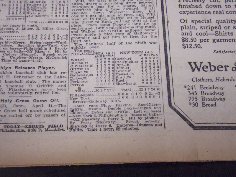 1920 APRIL 15 NEW YORK TIMES - BABE RUTH MUFFS IN FIRST YANKEE GAME - NT 5300