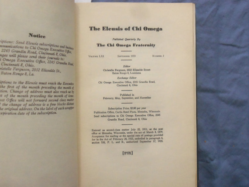 1959-1972 THE ELEUSIS OF CHI OMEGA QUARTERLY MAGAZINE - LOT OF 3 - KD 9365