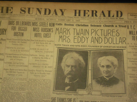 1907 FEBRUARY 3 THE BOSTON HERALD- MARK TWAIN PICTURES MRS. EDDY & DOLLAR- BH 29