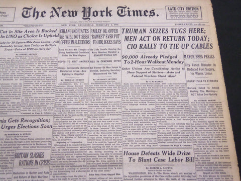 1946 FEBRUARY 6 NEW YORK TIMES - TRUMAN SEIZES TUGS HERE - NT 4228