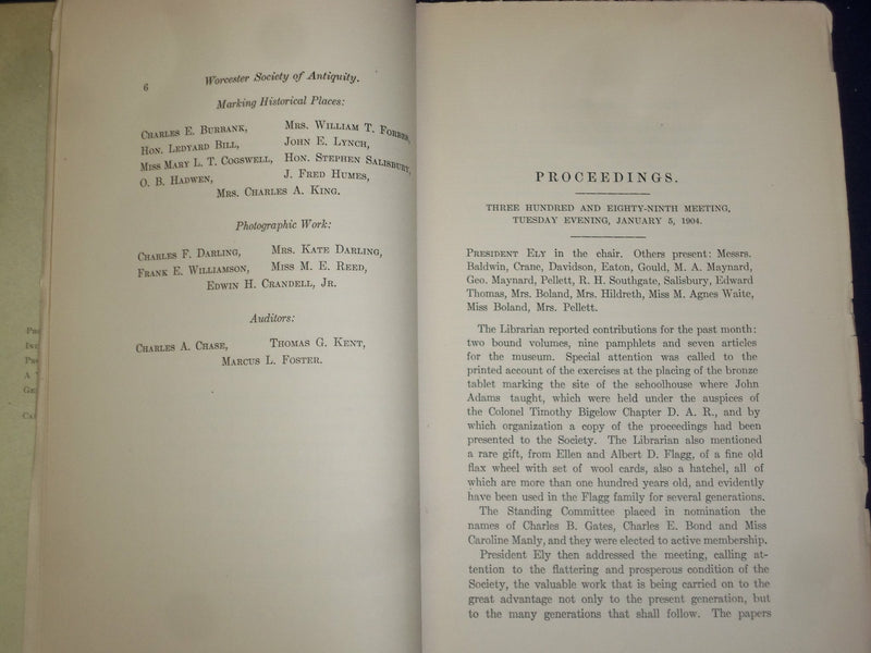 1904 WORCESTER SOCIETY OF ANTIQUITY PROCEEDINGS - NUMBER 1, VOLUME 20 - J 4606