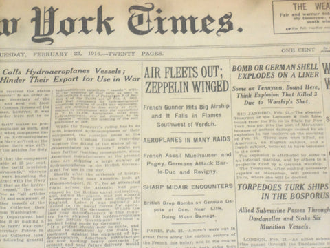 1916 FEBRUARY 22 NEW YORK TIMES - AIR FLEETS OUT, ZEPPELIN WINGED - NT 9044