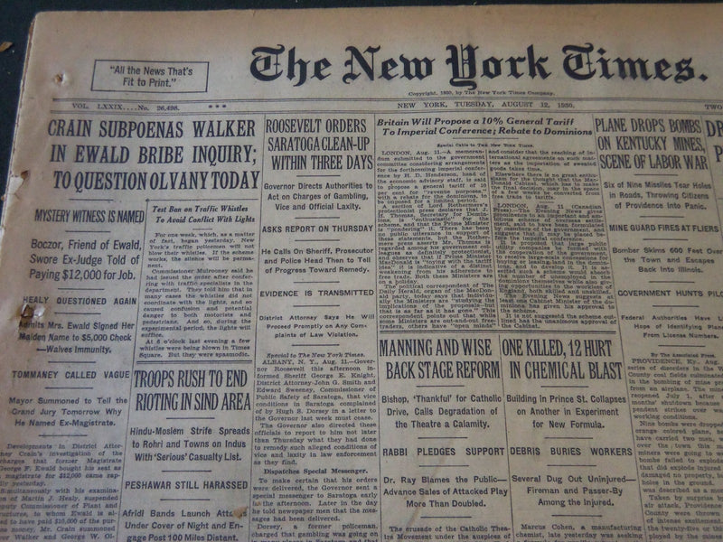 1930 AUGUST 12 NEW YORK TIMES - CRAIN SUBPOENAS WALKER IN EWALD BRIBE - NT 5621