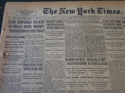 1930 AUGUST 12 NEW YORK TIMES - CRAIN SUBPOENAS WALKER IN EWALD BRIBE - NT 5621