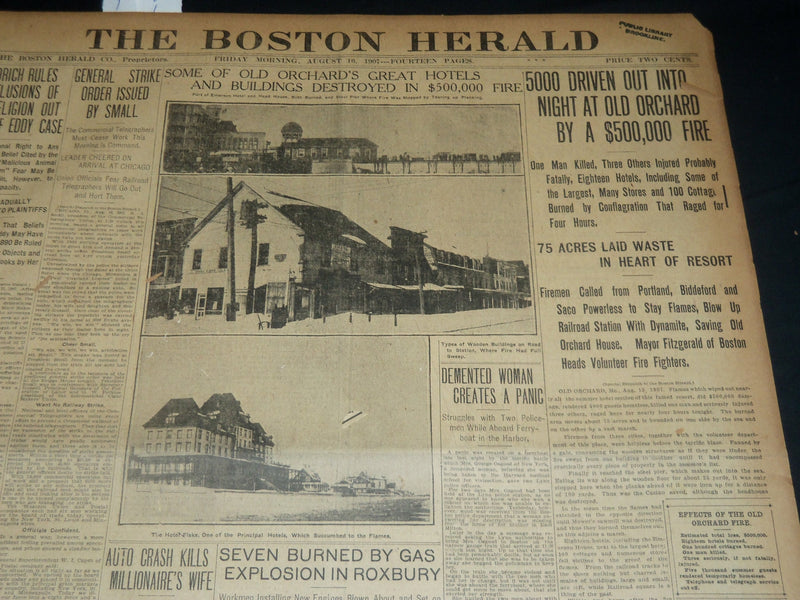 1907 AUGUST 16 THE BOSTON HERALD - 5000 DRIVEN OUT BY FIRE OLD ORCHARD - BH 228
