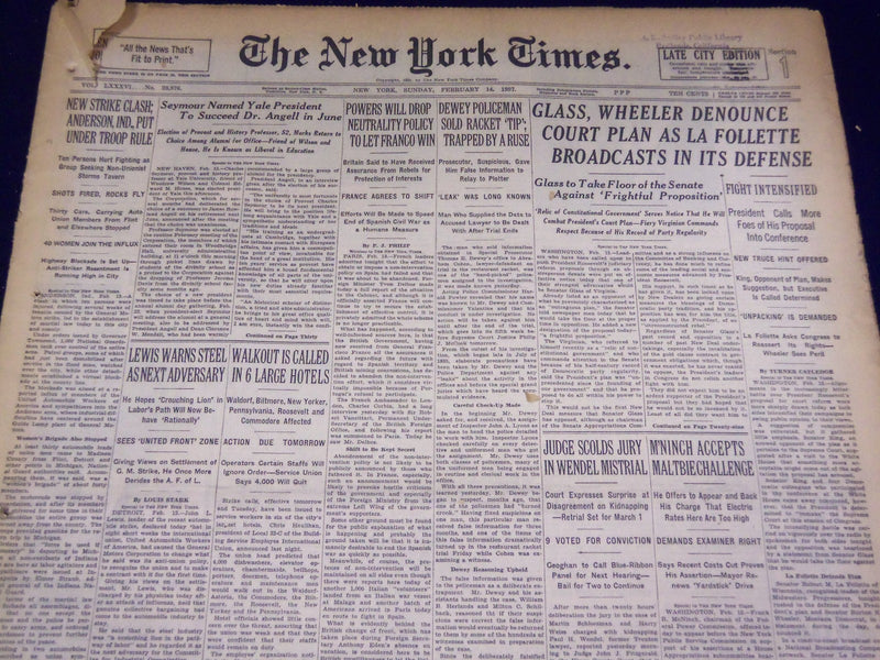 1937 FEBRUARY 14 NEW YORK TIMES - GLASS, WHEELER DENOUNCE COURT PLAN - NT 3104