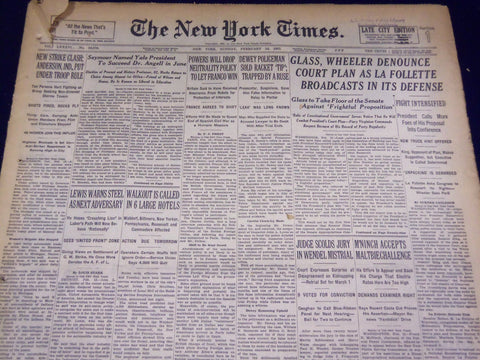 1937 FEBRUARY 14 NEW YORK TIMES - GLASS, WHEELER DENOUNCE COURT PLAN - NT 3104