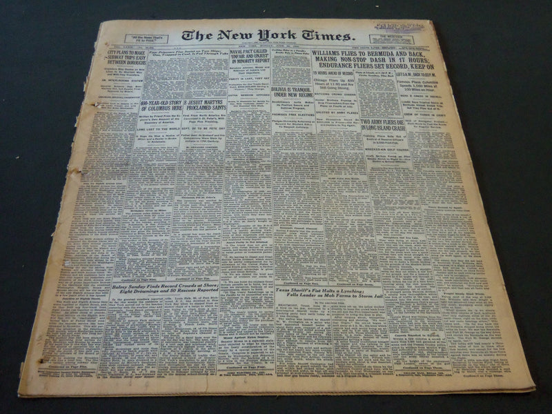 1930 JUNE 30 NEW YORK TIMES WILLIAMS FLIES TO BERMUDA & BACK IN 17 HRS - NT 5693