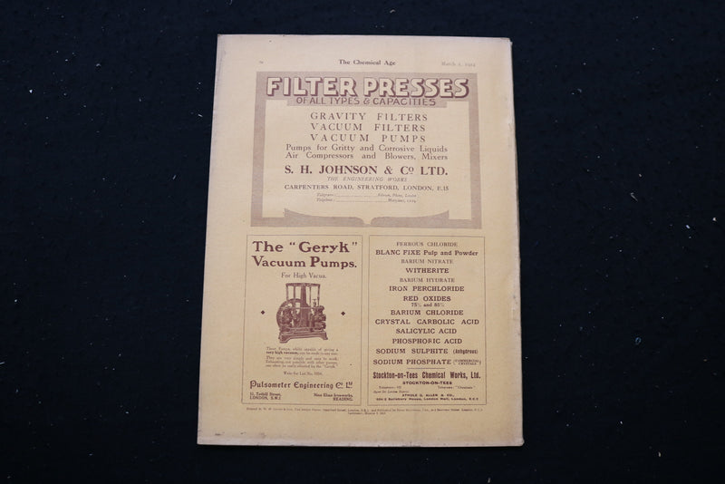 1924 MARCH 1 THE CHEMICAL AGE MAGAZINE - W.J. FRASER & CO. COVER - SP 4190M