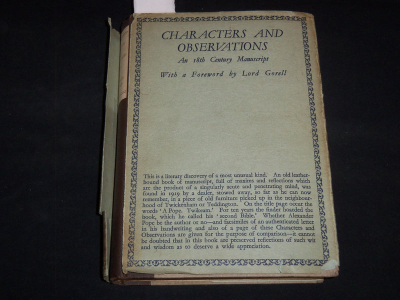 1930 CHARACTERS AND OBSERVATIONS 18TH CENTURY MANUSCRIPT - FIRST EDN - KD 5523P