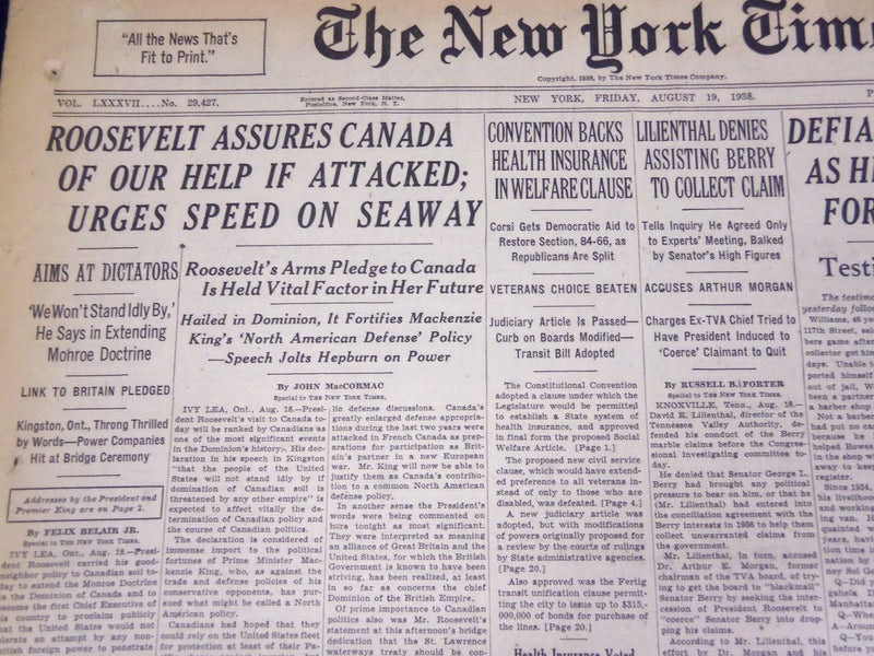 1937 AUG 19 NEW YORK TIMES - ROOSEVELT ASSURES CANADA OF OUR HELP - NT 729