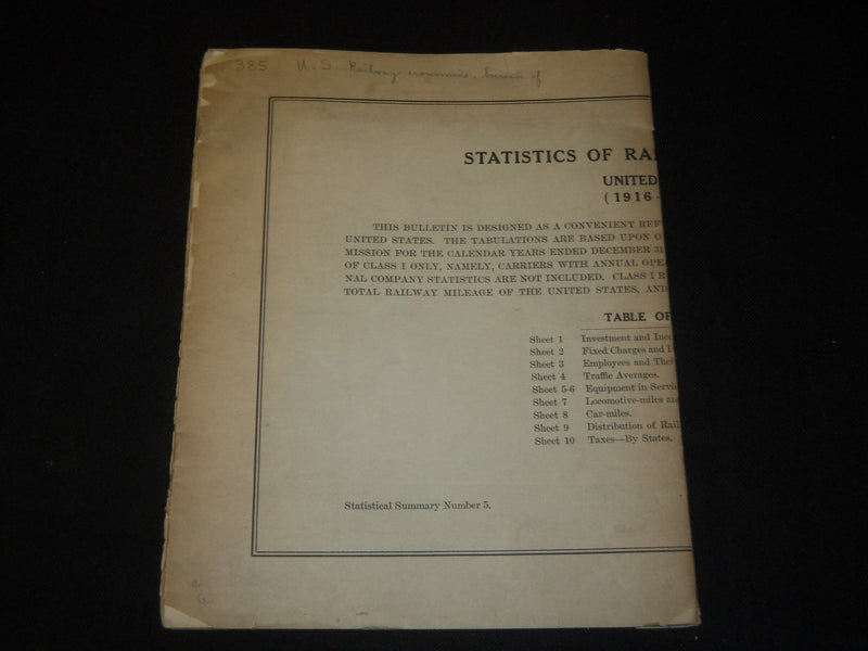 1925 STATISTICS OF RAILWAYS OF CLASS BOOK UNITED STATES 1916-1924 - J 5427