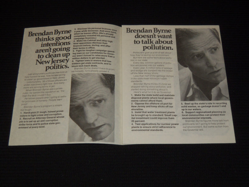 1973 BRENDAN BYRNE CAMPAIGN LITERATURE LOT OF 3 PIECES - J 9544