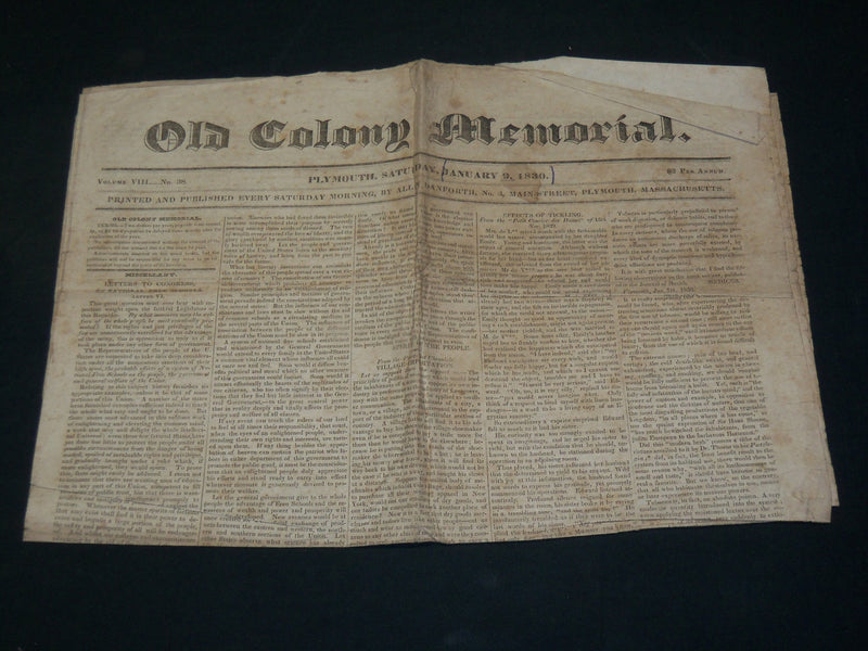 1830 JANUARY 9 OLD COLONY MEMORIAL NEWSPAPER - PLYMOUTH MASSACHUSETTS- NP 5228