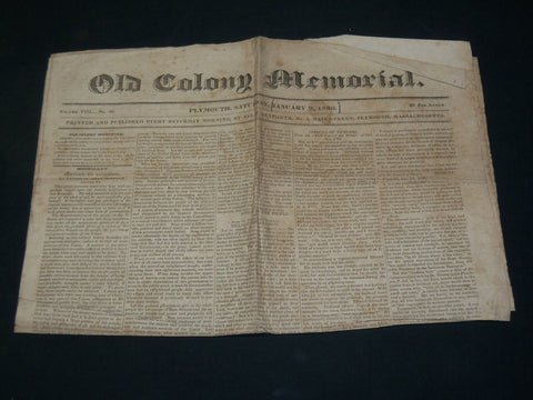 1830 JANUARY 9 OLD COLONY MEMORIAL NEWSPAPER - PLYMOUTH MASSACHUSETTS- NP 5228