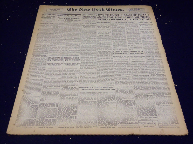 1940 MARCH 8 NEW YORK TIMES - ALLIES FEAR BLOW IF HELSINKI YIELDS - NT 2520