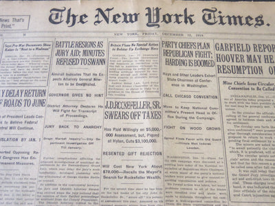 1919 DEC 12 NEW YORK TIMES - J. D. ROCKEFELLER SR. SWEARS OFF TAXES - NT 6217