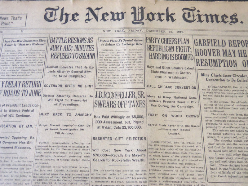 1919 DEC 12 NEW YORK TIMES - J. D. ROCKEFELLER SR. SWEARS OFF TAXES - NT 6217