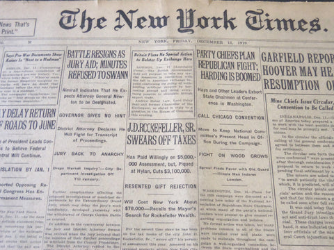 1919 DEC 12 NEW YORK TIMES - J. D. ROCKEFELLER SR. SWEARS OFF TAXES - NT 6217