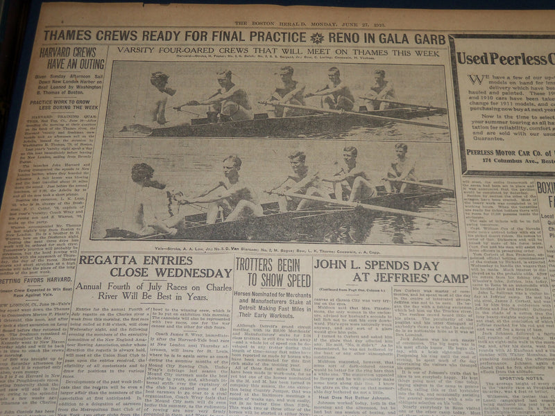 1910 JUNE 27 THE BOSTON HERALD NEWSPAPER- JOHN L. LIKES JEFF'S TRAINING - BH 342