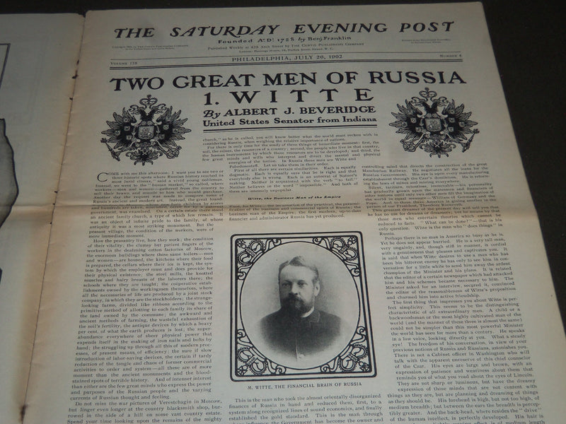 1902 JULY 26 THE SATURDAY EVENING POST MAGAZINE - ILLUSTRATED COVER- SP 1052