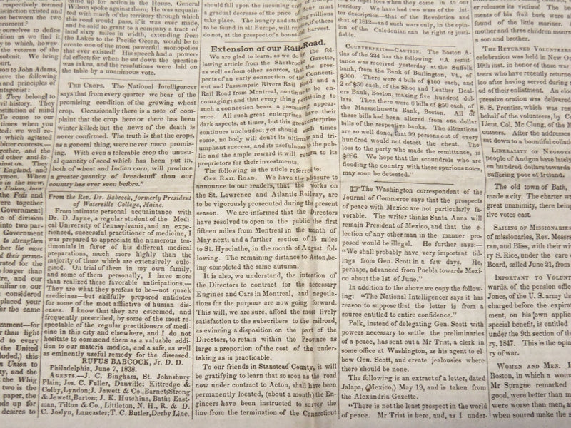 1847 JUNE 26 THE CALEDONIAN NEWSPAPER - ST. JOHNSBURY, VERMONT - K 78