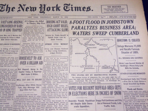 1936 MARCH 18 NEW YORK TIMES - 8 FOOT FLOOD IN JOHNSTOWN PARALYZES AREA- NT 1850