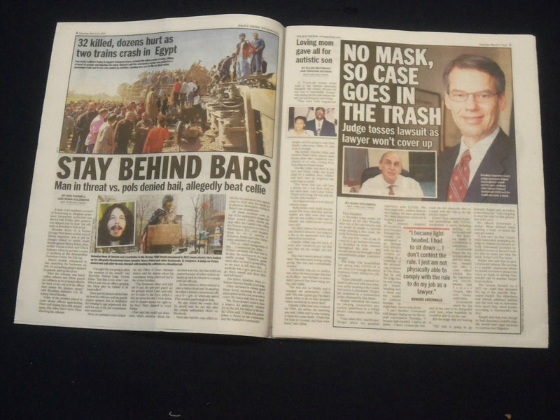 2021 MARCH 27 NEW YORK DAILY NEWS NEWSPAPER-LAWYER NO MASK, JUDGE TOSSES LAWSUIT