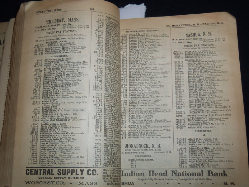 1908 NEW ENGLAND TELEPHONE & TELEGRAPH CO. SOUTH CENTRAL PHONE BOOK - J 8818