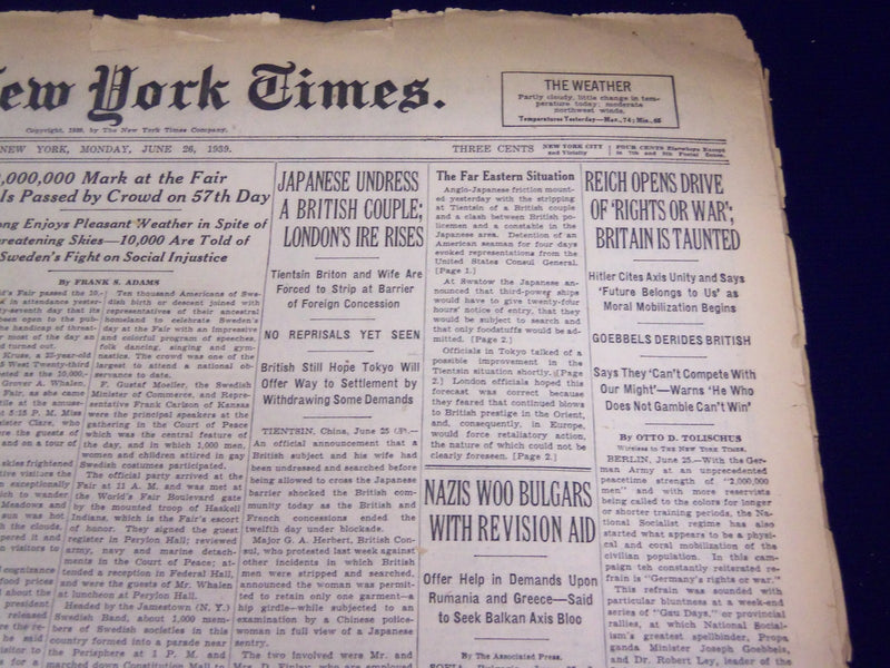 1939 JUNE 26 NEW YORK TIMES - REICH OPENS DRIVE OF 