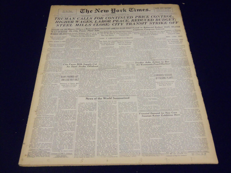 1946 JAN 22 NEW YORK TIMES - STEEL MILLS CLOSE CITY TRANSIT STRIKE OFF - NT 884