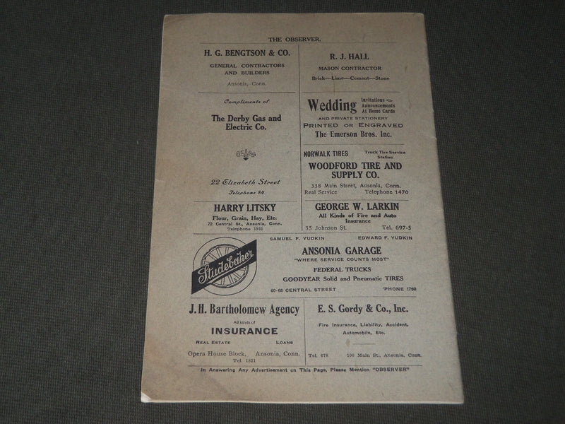 1924 OCTOBER THE OBSERVER ANSONA HIGH SCHOOL MAGAZINE - CONNECTICUT - J 2803