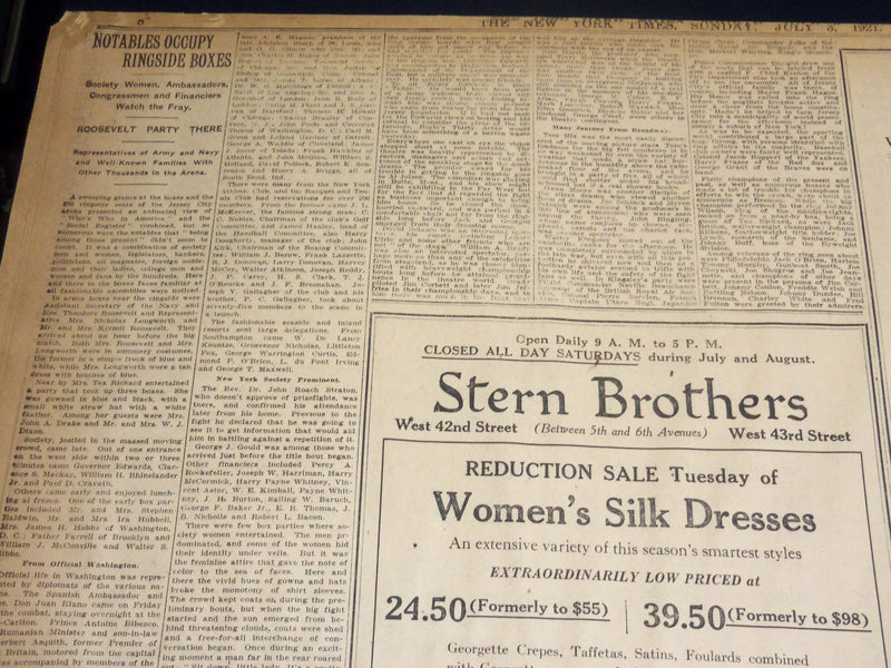 1921 JULY 3 NEW YORK TIMES - DEMPSEY KNOCKS OUT CARPENTIER IN 4TH ROUND- NT 8694