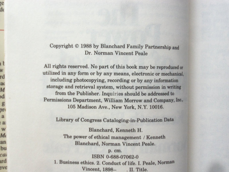 1988 POWER OF ETHICAL MANAGEMENT HARDCOVER BOOK BY BLANCHARD - SIGNED - KD 9324