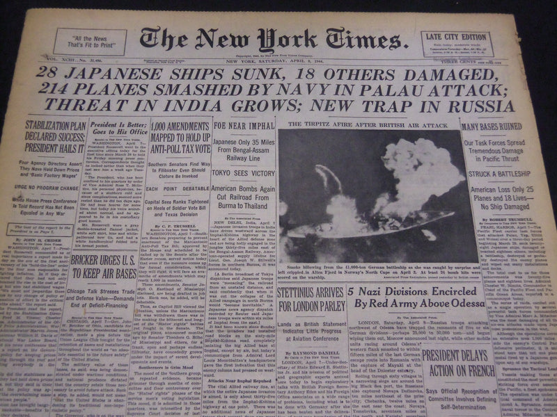 1944 APRIL 8 NEW YORK TIMES - 28 JAPANESE SHIPS SUNK 214 PLANES SMASHED- NT 4324