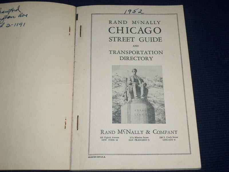 1952 RAND MCNALLY STREET GUIDE AND TRANSPORTATION DIRECTORY OF CHICAGO - J 1438