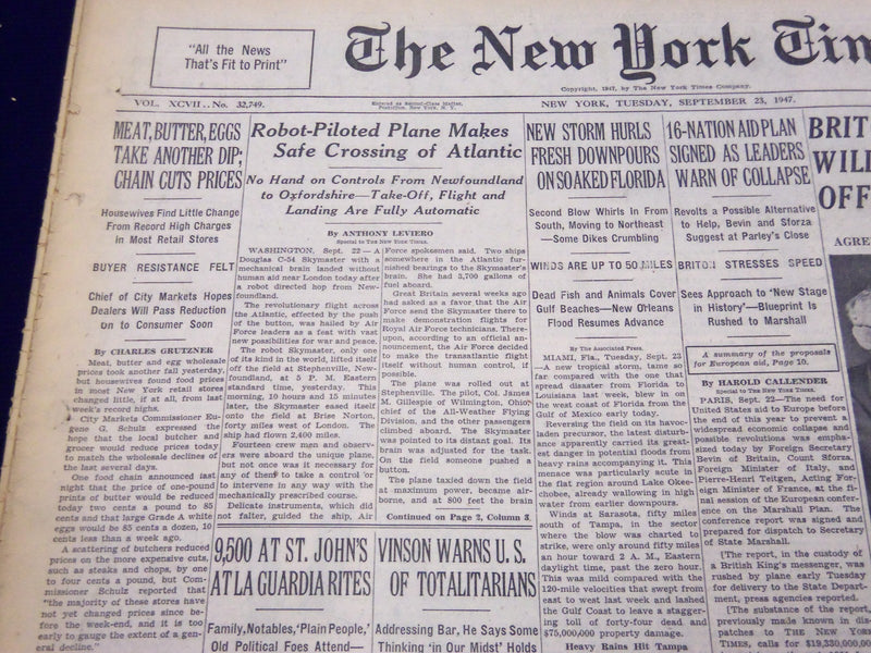 1947 SEPT 23 NEW YORK TIMES - ROBOT-PILOTED PLANE MAKES SAFE CROSSING - NT 175